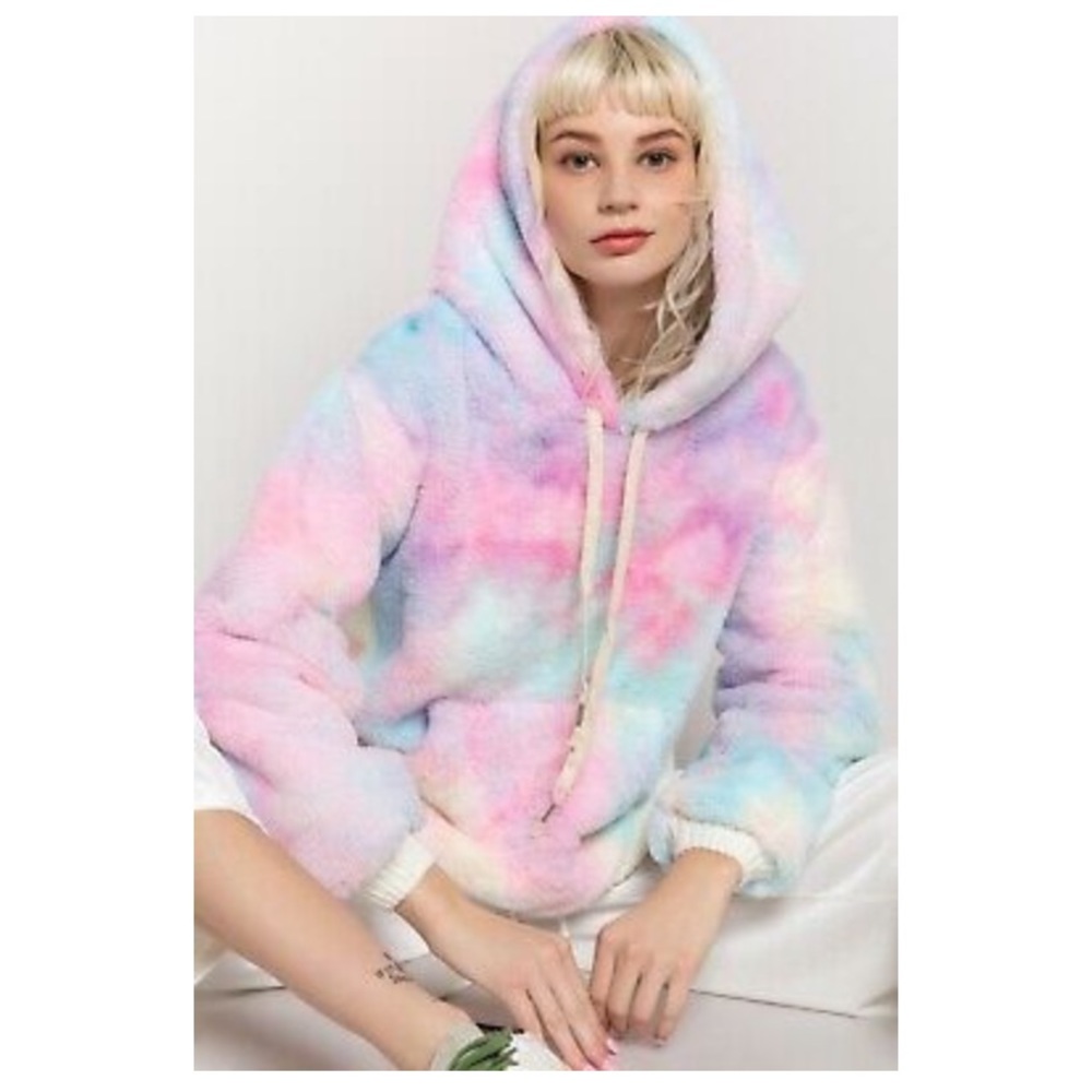 POL Cotton Candy Sherpa Fleece Hoodie Sz Small Fuzzy Hand Dip Dyed Relaxed Fit